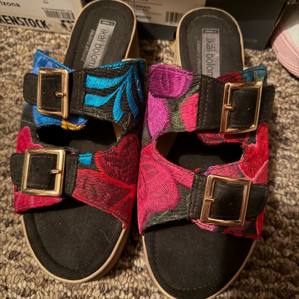 Colorful Embroidered Sandals with Buckles